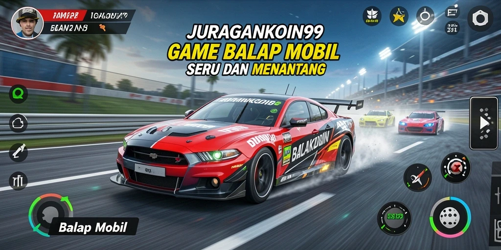 Screenshot utama JURAGANKOIN99 menampilkan aksi balapan yang seru.